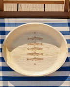 maaterra compostable palm leaf plate with stacked fish design.