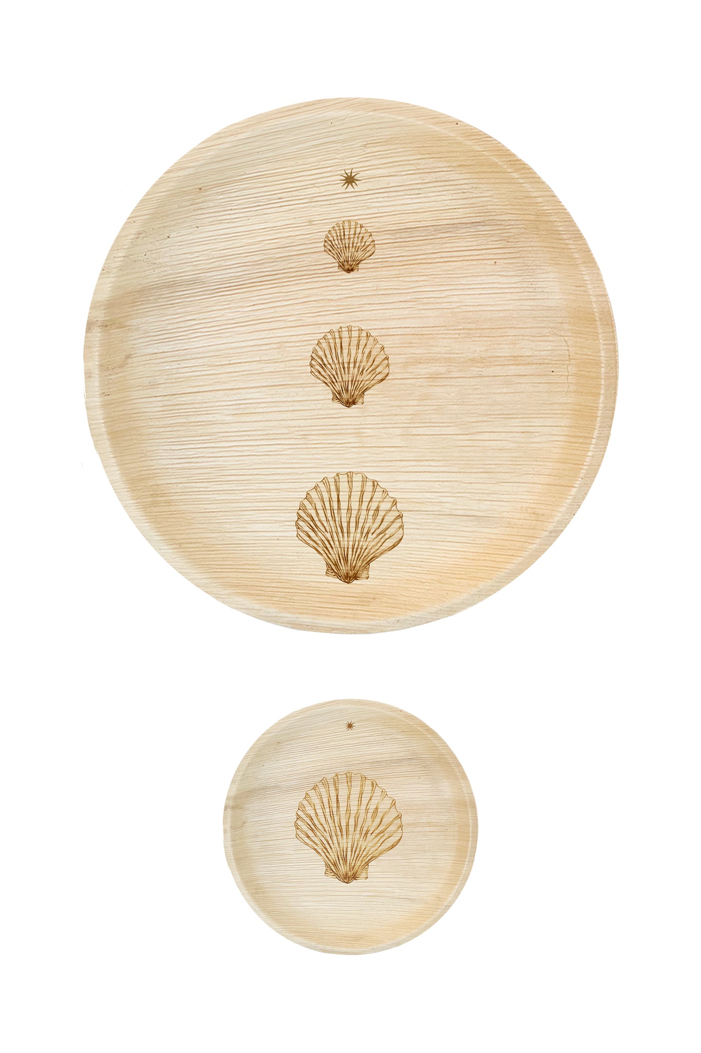 maaterra compostable palm leaf plate with stacked scallops design on a white background