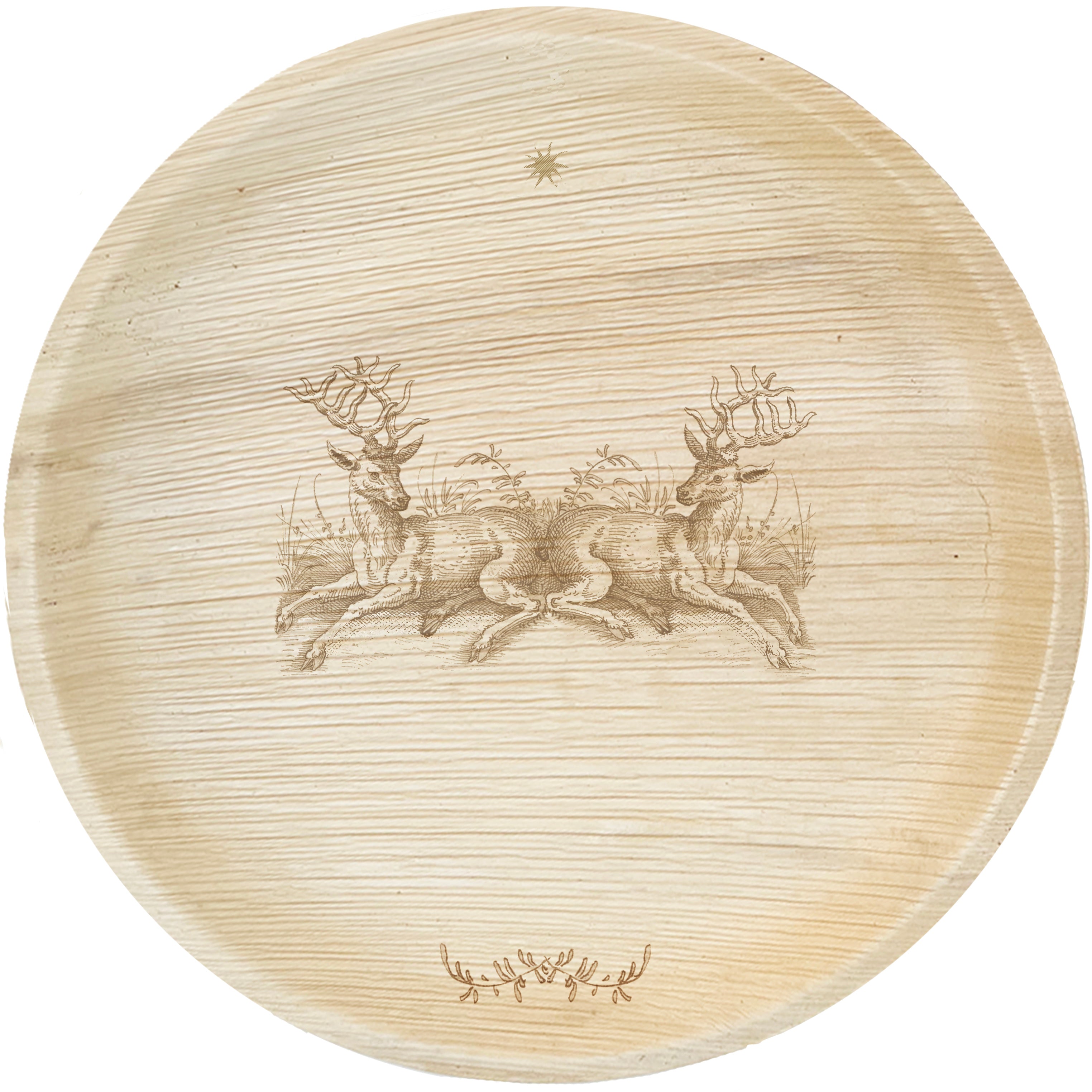 White background. maaterra compostable palm leaf plate with holiday Stag Party design.