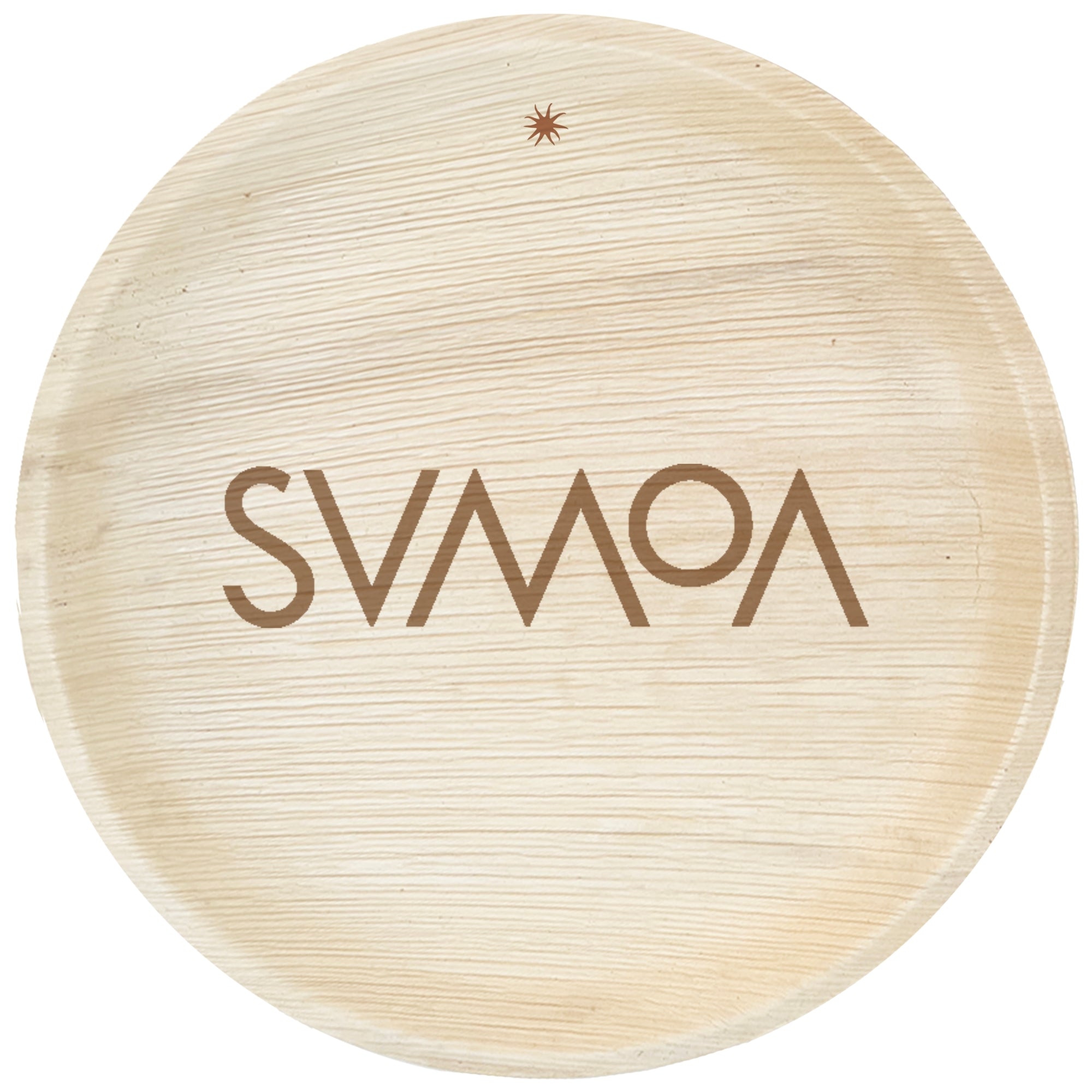 maaterra compostable palm leaf plate with custom SVMOA engraving on a white background. 