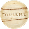 White background. maaterra compostable palm leaf plate with holiday THANKFUL design.