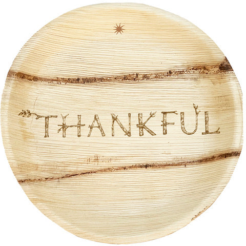 White background. maaterra compostable palm leaf plate with holiday THANKFUL design.