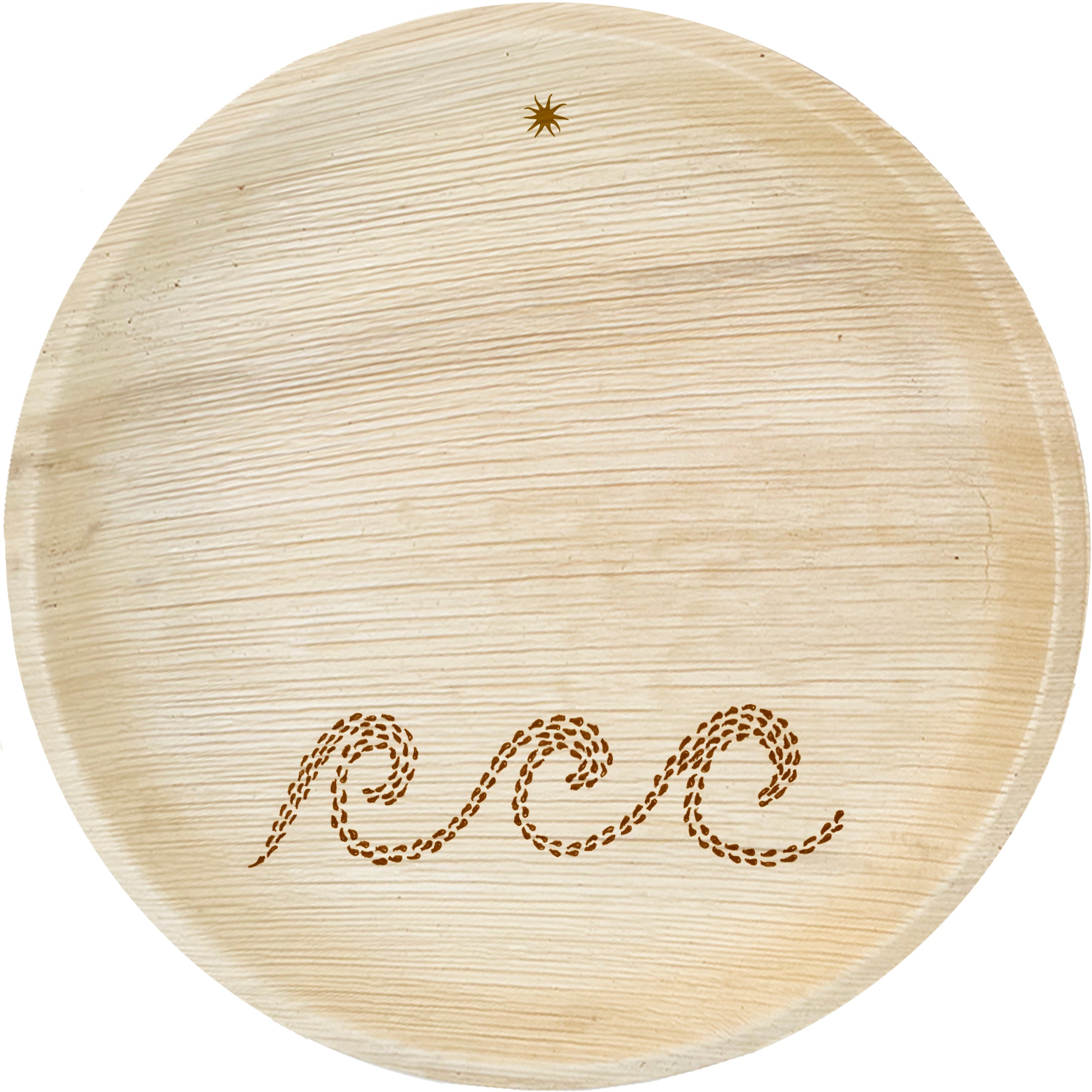 White background. maaterra compostable palm leaf plate with waves design on a white background