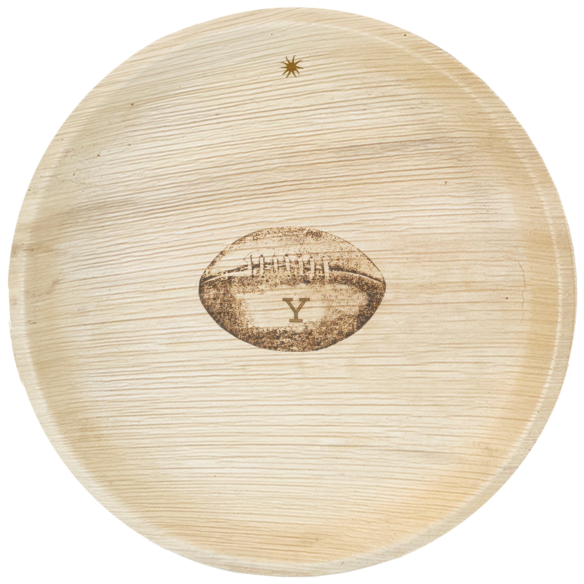 maaterra compostable palm leaf plate with yale football engraving on a white background. 