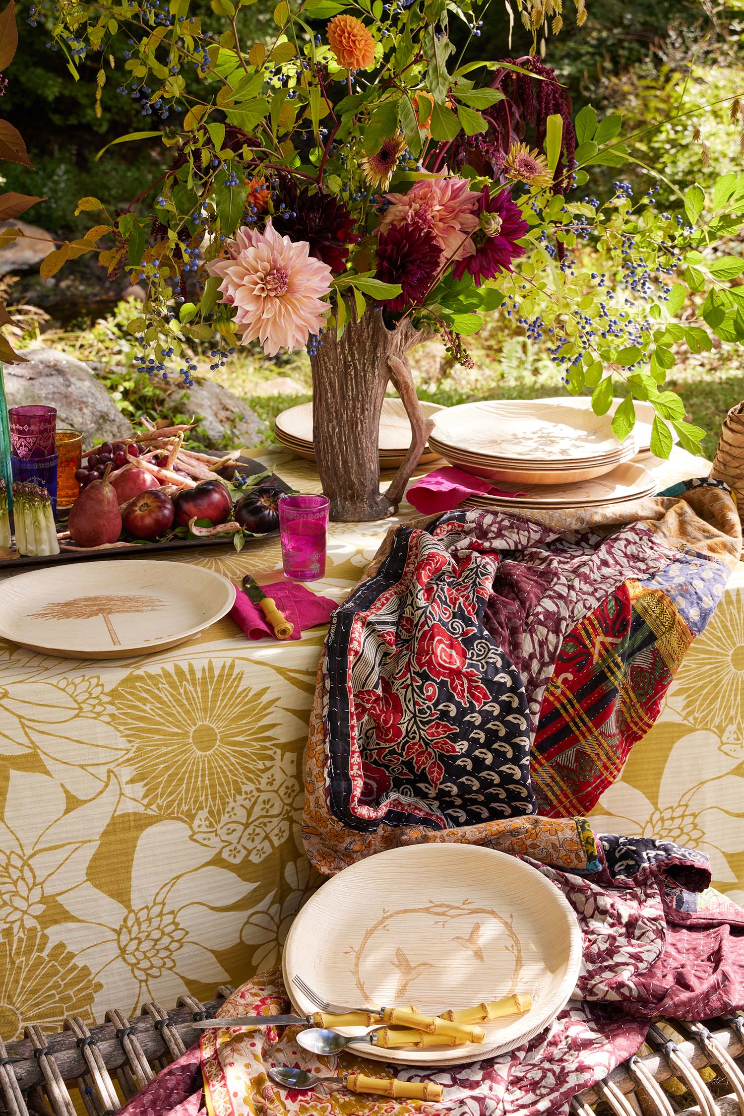 Beautiful maaterra compostable palm leaf plates on a table outdoors.