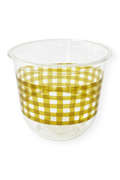 maaterra clear plastic cup with gingham design and white background.