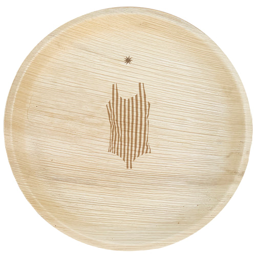 maaterra compostable palm leaf plate with my-o, my-o, maillot design.