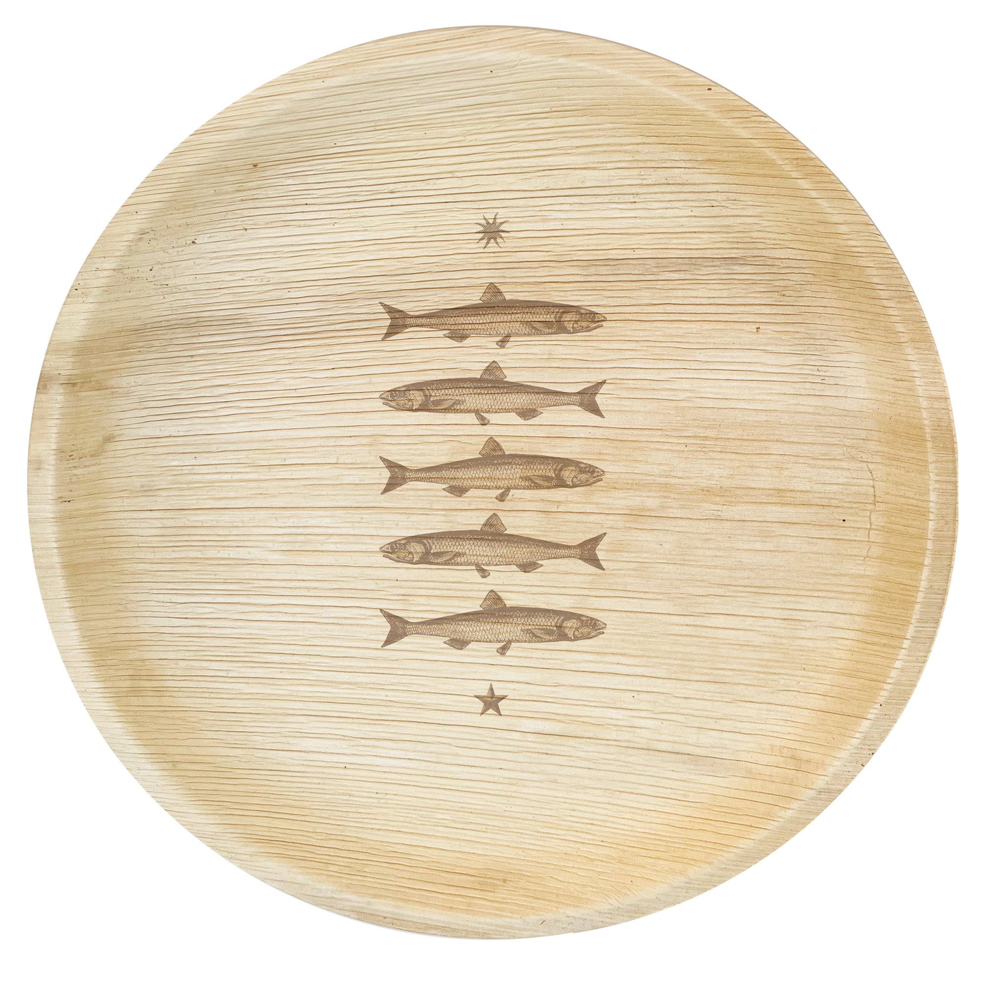 maaterra compostable palm leaf plate with stacked fish design.