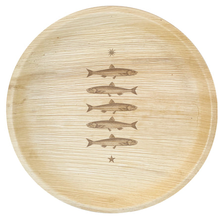 maaterra compostable palm leaf plate with stacked fish design.